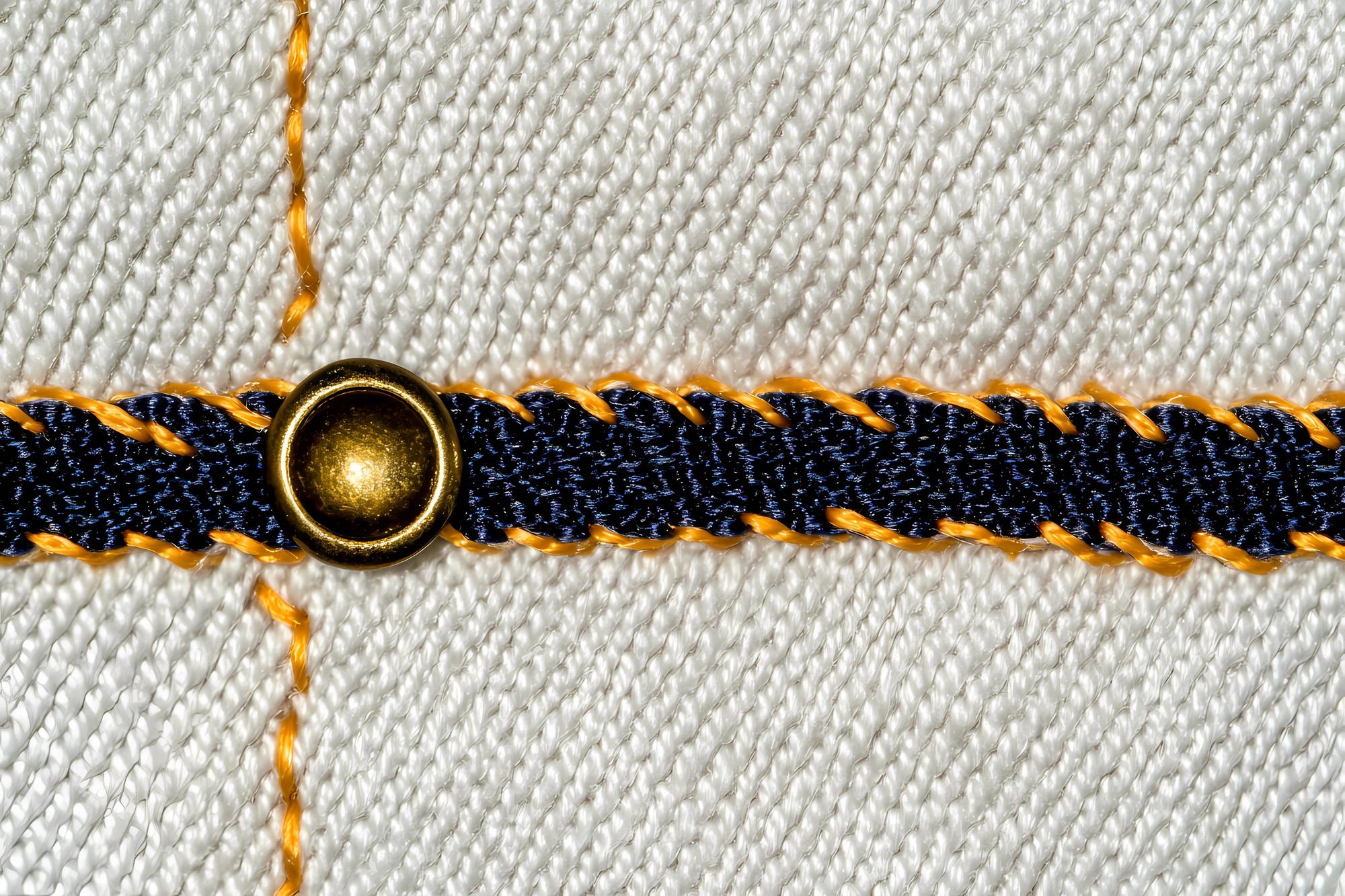 Close-up of embroidered sampler with gold threads