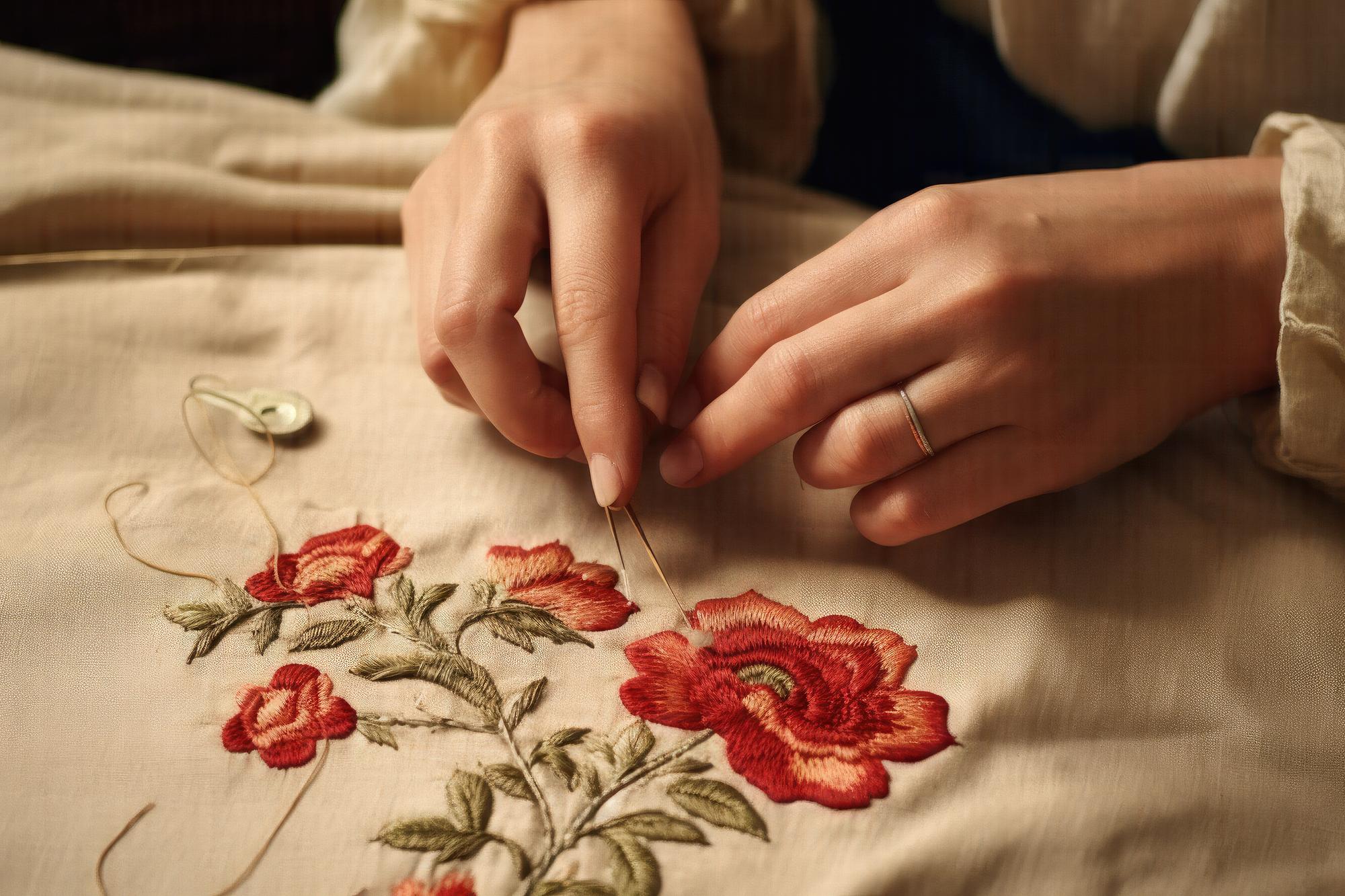 Artisan hands embroidering floral pattern on linen